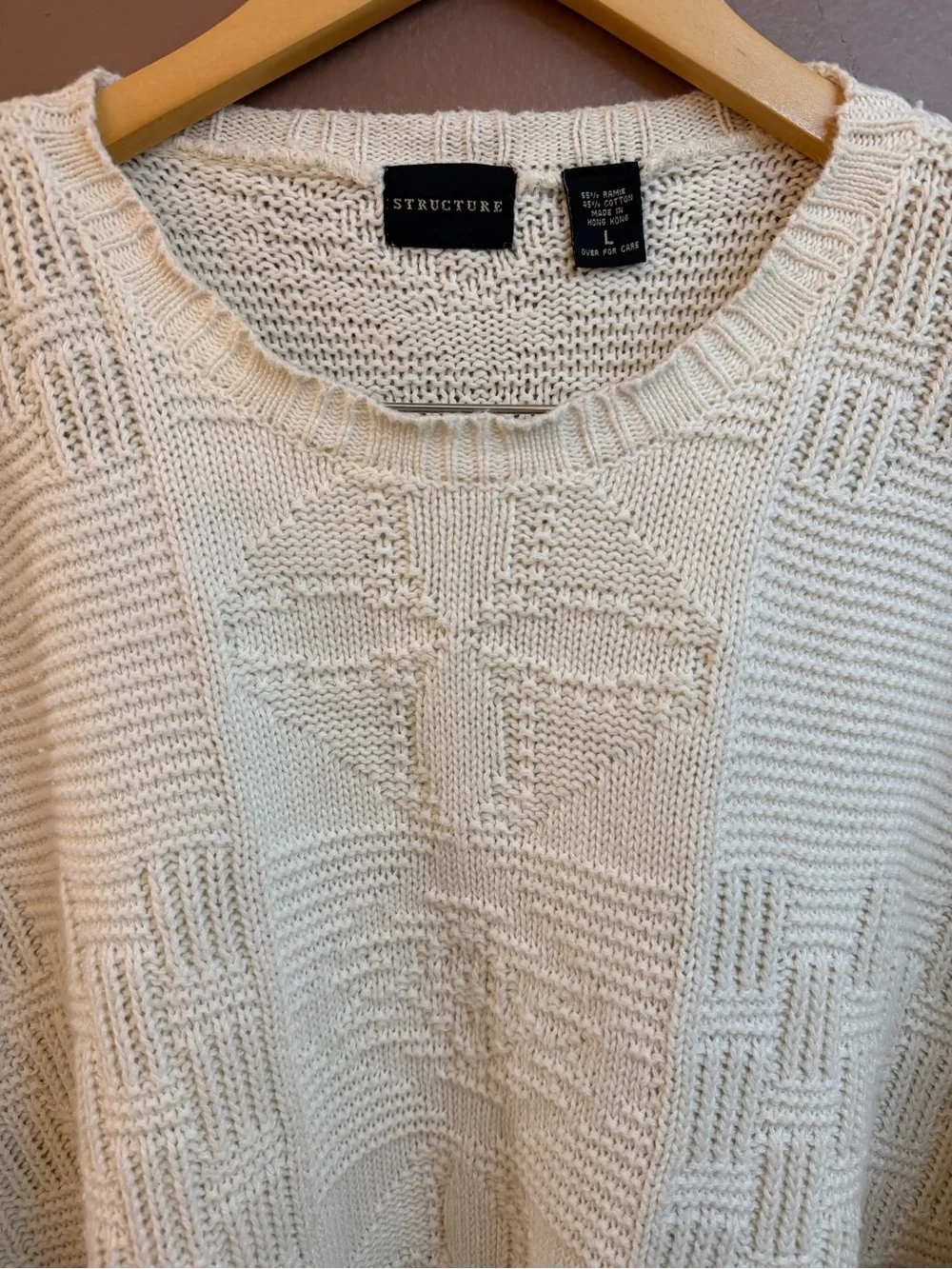 VINTAGES 90’s Structure Men’s  Ivory Cotton Knit Textured Crewneck Sweater L